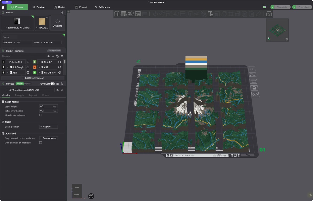 A generated Mount Rainier color 3MF opened in Bambu Studio