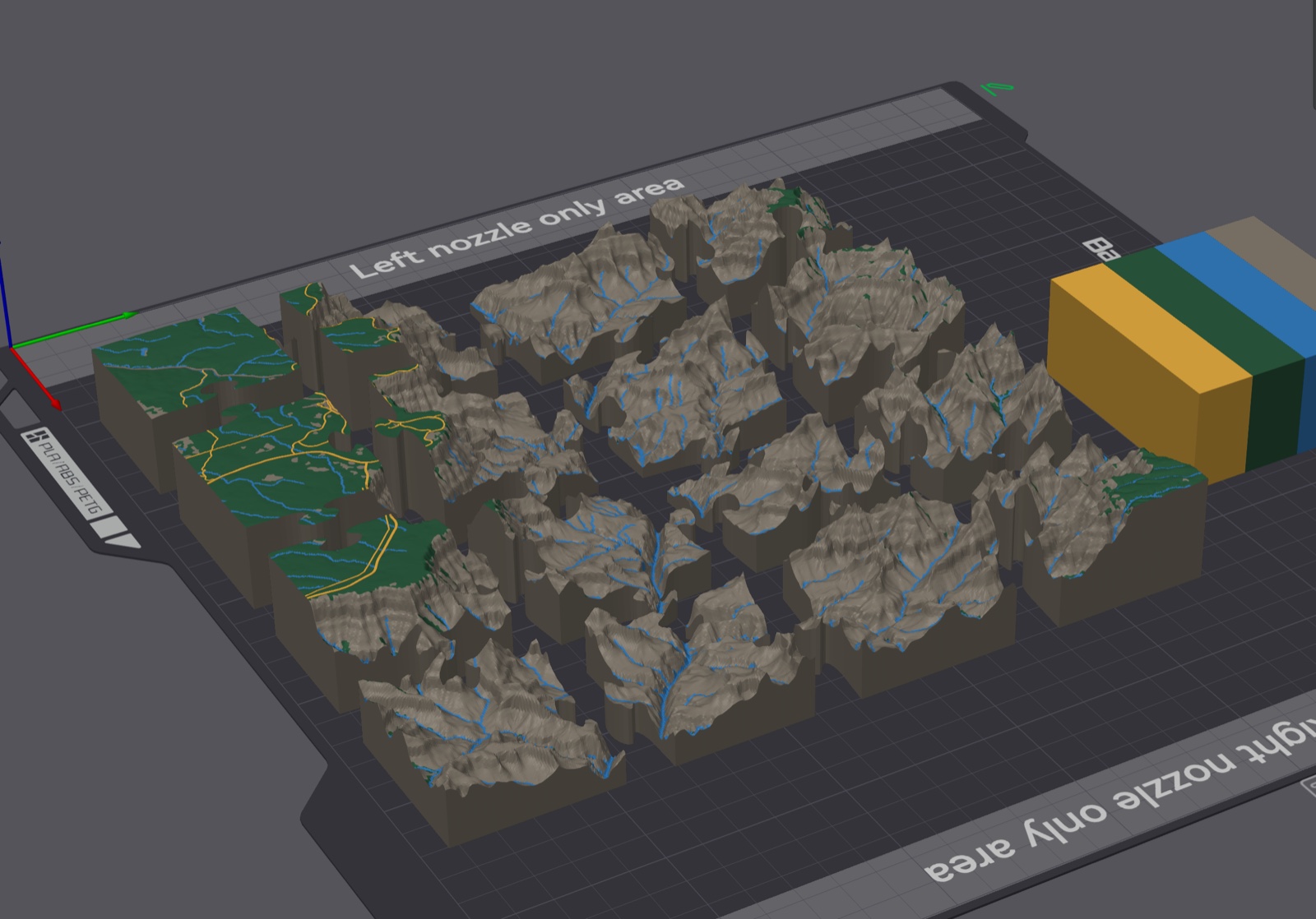 Grand Canyon color terrain puzzle separated into 16 pieces in Bambu Studio