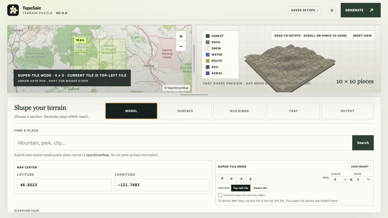 TopoSaic v0.4 map and model controls showing a four-by-three super-tile grid