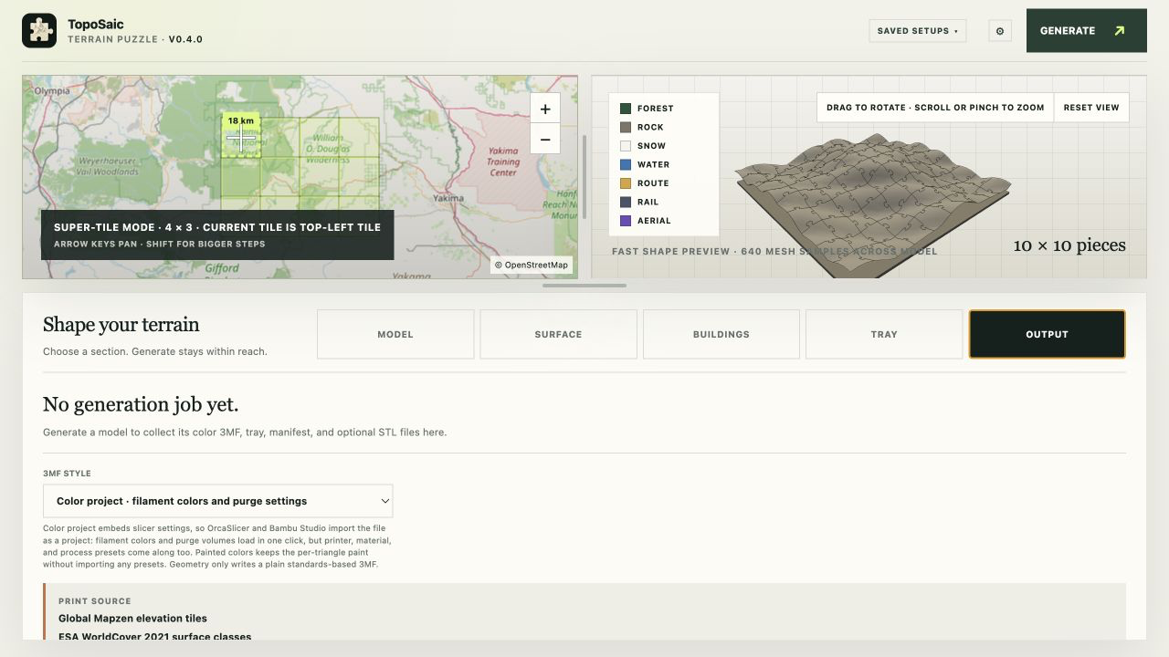 TopoSaic v0.4 output tab showing project, painted, and geometry-only 3MF modes